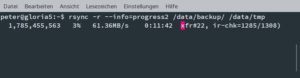 Abbildung 3: Dank der Option <code>--info=progress2</code> zeigt Rsync während des Backups zumindest einen ungefähren Fortschrittsprozentwert, auch wenn er nicht immer gleichmäßig weiterläuft und manchmal sogar zurückspringt.