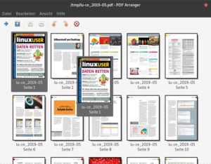 Abbildung 1: Mit dem PDF Arranger sortieren Sie die Seiten in einem PDF per Drag & Drop. Das Programm erlaubt auch das Löschen einzelner Seiten sowie das Kombinieren mehrerer Dokumente.