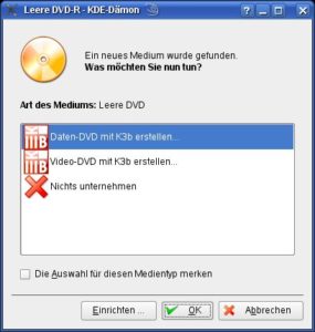 Abbildung 1: Nach dem Einlegen eines leeren Rohlings schlägt Ihnen KDE passende Aktionen vor.
