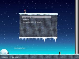 Abbildung 1: Nachdem Grub seine Konfigurationsdatei gelesen hat, zeigt er das Bootmenü an – hier in der Suse-Version mit winterlicher Untermalung.