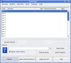 Abbildung 1: Im TrueCrypt-Hauptfenster legen Sie verschlüsselte Container an und verwalten sie.
