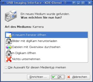 Abbildung 1: KDE erkennt das Telefon fälschlicherweise als digitale Kamera und bietet den Import der Bilder an.