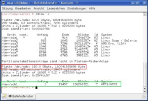 Abbildung 1: Der Eintrag HPFS/NTFS (grün markiert) lässt darauf schließen, dass die Partition mit dem Dateisystem NTFS formatiert ist.