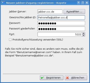 Abbildung 1: Für die Jabber-Konfiguration in Kopete benötigen Sie nur Server-Adresse, Jabber-ID und Passwort.