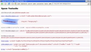 Abbildung 1: Tarnverfahren bei E-Mail-Adressen: Der braune Text zeigt den HTML-Code. Listing 5 enthält den Code der Javascript-Funktion     <code srcset=