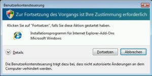 Abbildung 1: Hier versucht ein ActiveX-Control, nicht angeforderte Software (von einer Warez-Seite) auf den Rechner zu befördern. Die Benutzerkontensteuerung fragt nach, ob dies der Anwender auch wirklich wünscht.