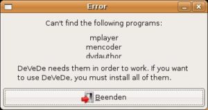 Abbildung 1: Devede bedient sich weiterer Tools beim Verarbeiten von Multimedia-Daten. Es prüft beim Start automatisch, ob diese im System vorliegen.