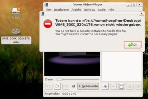 Abbildung 1: Ohne die Fluendo-Codecs zeigt der GStreamer-basierte Video-Player Totem bei WMV-kodierten Filmen nur eine Fehlermeldung.