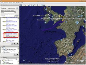 Abbildung 1: Die Wegbeschreibungsfunktion errechnet die Strecke zwischen zwei Orten. Liegt Wasser dazwischen, empfiehlt Google Earth ein Bad.
