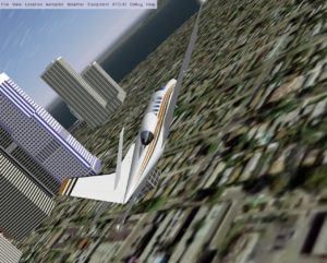 Abbildung 1: Mit einem Learjet über San Francisco: In der Flightgear-Standardinstallation stehen dort nur grob gezeichnete Betonblöcke, Einzelheiten der City sind nicht zu erkennen.