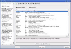 Abbildung 1: Suse Linux zeigt im YaST-Runlevel-Editor automatisch die Beschreibungen zu allen Diensten an – verzichtet dabei allerdings ganz auf deutsche Übersetzungen der englischen Texte. Neben der einfachen Variante gibt es einen Expertenmodus.