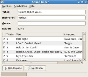 Abbildung 1: Sound Juicer holt die Tracknamen und den Namen des Interpreten sowie den Albumtitel aus der Freedb. Nach dem Einlegen der CD starten Sie den Ripper mit einem Mausklick.