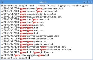 Abbildung 1: Hier sind die Tools "find" und "grep" durch eine Pipe verbunden; für die Hervorhebung der Suchtreffer ist die "grep"-Option "--color" verantwortlich.