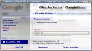 Abbildung 1: Schnell und unkompliziert verrichtet der Googlefilter schon direkt nach der Installation seine Dienste. Daneben bietet er aber auch detaillierte Konfigurationsmöglichkeiten.