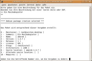 Abbildung 1: Checkinstall sammelt Informationen wie Programmbeschreibung und -version, bevor es ein distributionsspezifisches Paket erstellt und installiert. Abhängigkeiten definiert es nicht automatisch.