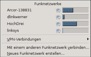 Abbildung 1: Ein Klick auf das Applet und Networkmanager informiert über vorhandene Netze und Verbindungsstärken.