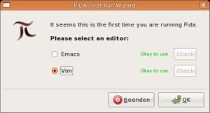 Abbildung 1: Pida stellt Sie vor die Wahl, welchen der beiden Editoren Vim oder Emacs die IDE als Standardeditor verwendet.