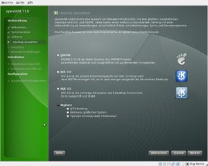 Abbildung 1: Die OpenSuse-DVD bringt jede Menge Desktops mit: KDE in zwei Versionen, Gnome und XFCE stehen zur Auswahl. OpenSuse bevorzugt keinen davon.