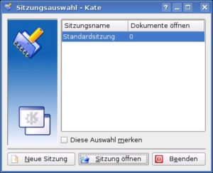 Abbildung 1: Die Sitzungsauswahl zeigt Ihnen an, wie viele Dokumente Kate öffnen wird. Um sie auszuschalten, markieren Sie die Option "Diese Auswahl merken".