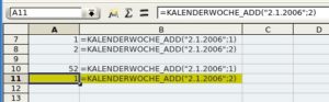 Abbildung 10: Nur mit dem Formatcode "WW" (Zellen A10 und A11) zeigt Calc die richtige Kalenderwoche für die "KALENDERWOCHE_ADD"-Funktion an.