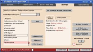Abbildung 10: Mappen fassen verschiedene Artikel zu einer Sammlung zusammen. Wer mag, kann eigene Mappen erstellen. Sie können auch das Lexikon um eigene Artikel und Notizen ergänzen.