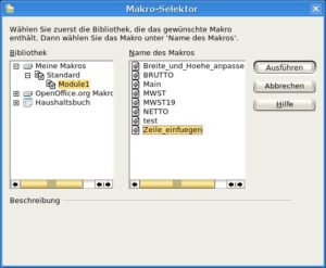 Abbildung 11: In der Makroübersicht von Calc finden Sie Ihr gerade erstelltes Makro. Von hier aus führen Sie es aus, um neue Zeilen einzufügen.