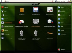 Abbildung 2: Foresight Linux zeigt alle Programmgruppen und die wichtigsten Verzeichnisse als Layer auf dem Desktop.