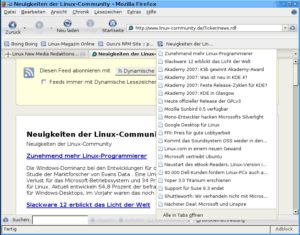 Abbildung 2: Der abonnierte RSS-Feed erscheint als Lesezeichen, ein Drop-down-Menü zeigt die letzten Einträge des Feeds an. Ein Klick öffnet die passende Nachricht zur Schlagzeile.