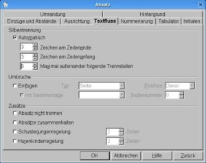 Abbildung 2: Auf der Registerkarte "Textfluss" schalten Sie die automatische Silbentrennung ein und legen die Trennvorgaben fest.