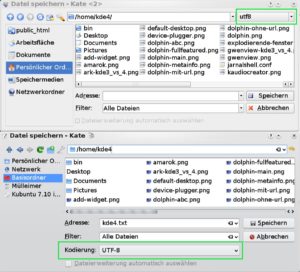 Abbildung 2: Beim neuen Speicherdialog von Kate (unten) erkennt man, dass es sich bei UTF-8 um die Kodierung handelt.