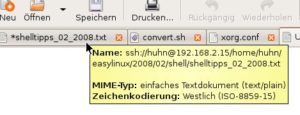 Abbildung 2: Was ist los im Texteditor? Wenn Sie den Mauszeiger oben über den Reiter bewegen, zeigt "gedit" unter anderem an, ob Sie lokal oder entfernt arbeiten.