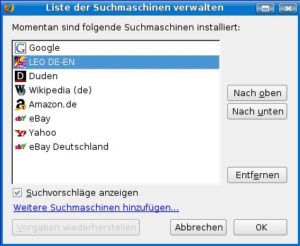 Abbildung 2: Das neue Verwaltungsfenster für die Suchmaschinen erlaubt es jetzt auch ohne Add-on, überflüssige Einträge zu entfernen und die Reihenfolge zu ändern.