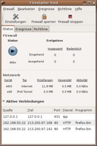 Abbildung 2: Die Statusseite von Firestarter zeigt Informationen zum Zustand der Firewall sowie die aktiven Verbindungen.
