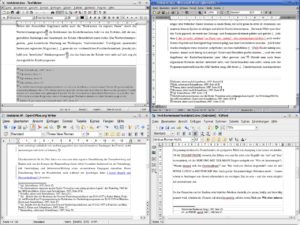 Abbildung 2: Viermal Textverarbeitung unter Linux – oben: TextMaker und Word (mit CrossOver Office), unten: OpenOffice Writer und KWord.