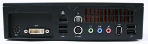 Abbildung 2: Die Rückseite des Shuttle Mini X-100HA mit Anschlüssen für USB, Firewire, Monitor (DVI), Audio (inklusive S/P-DIF), Netzwerk und TV.