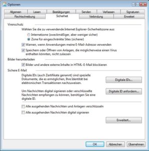 Abbildung 2: In der Einstellung der Sicherheitsfunktionen führt Windows Mail alle Möglichkeiten in übersichtlicher Form auf.