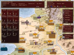 Abbildung 2: Neben dem Spielfeld blendet das Programm Informationen über Ressourcen, Befehlshaber und Finanzen ein. Im Bild befindet sich Bandar Log (gelb) im Grenzkrieg mit Ermor (lila). Während Bandar Logs Dominion innerhalb der eigenen Grenzen durchweg positiv ist, weisen die beiden Ermor-Provinzen aus Sicht von Bandar Log verschieden hohe negative Dominions aus.
