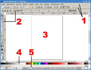Abbildung 2: Inkscape wartet mit einer intuitiv zu bedienenden Benutzeroberfläche auf, die sich in fünf Bereiche unterteilt: Menü- und Symbolleiste (1), Werkzeugleiste und Leiste für Werkzeugoptionen (2), Arbeitsfläche (3), Farbleiste (4) und Statusleiste (5).