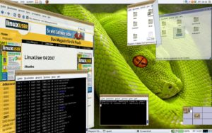 Abbildung 2: Metisse mit dreidimensional im virtuellen Desktop angeordneten Fenstern (links) sowie transparenten und umblätternden Fenstern (rechts oben). Rechts unten sehen Sie den Pager für die neun bereitgestellten Desktops.