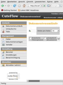 Abbildung 2: Die Benutzeroberfläche von Cuteflow ist übersichtlich gestaltet: Die vier Hauptfunktionen unterteilen sich in maximal drei Unterpunkten.