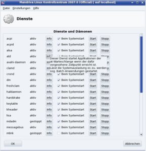Abbildung 2: Die Diensteverwaltung von Mandriva Linux 2007 blendet nach einem Klick auf "Info" eine kurze Beschreibung zum jeweiligen Dienst ein – teilweise deutschsprachig (wie in der Abbildung), teils aber auch auf Englisch.