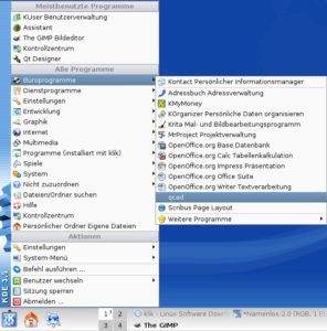Abbildung 2: Das KDE-Menü ist übersichtlich. Selbst wenig erfahrene Anwender finden sich schnell zurecht. Wichtige Office-Anwendungen bringt Sabayon bereits mit.