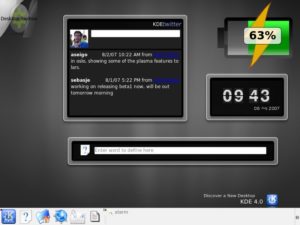 Abbildung 2: KDE 4 mit vier Plasmoids: Digitaluhr, Batteriestandsanzeige, Wörterbuch und Twitter-Frontend.