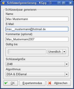 Abbildung 2: KGpg benötigt für das Erstellen eines neuen Schlüsselpaares nur wenige Angaben. Die Schlüsseltiefe sollten Sie auf jeden Fall erhöhen.