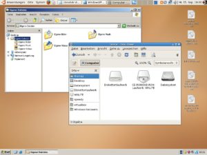Abbildung 2: Unten sehen Sie die Windows-Taskbar, oben das Gnome-Panel und auf der Oberfläche den Windows-Explorer und Nautilus friedlich nebeneinander.