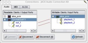 Abbildung 2: Qjackctl bietet die Möglichkeit, Audioströme umzuleiten und Midi-Ein- und -Ausgänge zu routen.
