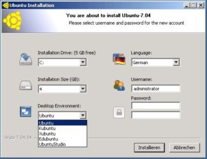 Abbildung 2: Im bewusst schlicht gehaltenen Fenster von Wubi geben Sie lediglich die Eckdaten wie Landessprache, Benutzerkennung und Zielpartition sowie die gewünschte Ubuntu-Variante an.