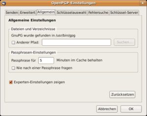 Abbildung 2: Der Konfigurationsdialog von Enigmail (hier mit aktivierten »Experten-Einstellungen«) wirkt etwas spartanisch.