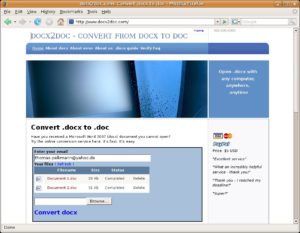 Abbildung 2: Die Webseite Docx2doc bietet die Möglichkeit, Office 2007-Dokumente für andere Anwendungen kompatibel zu machen.