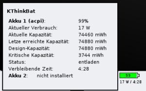 Abbildung 2: KThinkBat zeigt Ihnen aus dem KDE-Kicker heraus Informationen über den Akkuzustand und den Energieverbrauch..